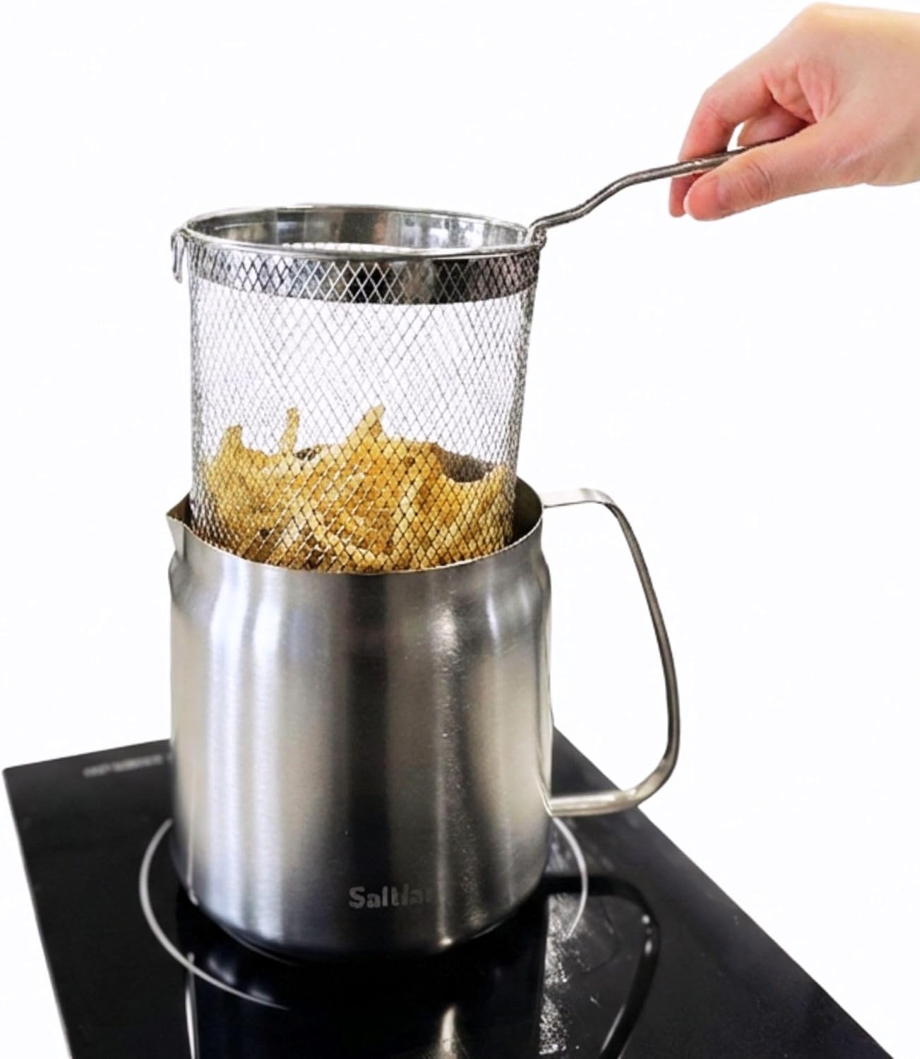 Deep Fryer Pot with Basket and Oil Strainer, 304 Stainless Steel Deep Frying Pot for French Fries, Chicken, or Japanese Tempura, 3.5 L (3.7 qt)