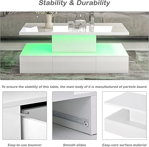 Miniatura 9 de ON-Trend - Mesa de centro moderna y brillante con cajón, mesa central rectangular de 2 niveles con iluminación LED de 16 colores para sala de estar,