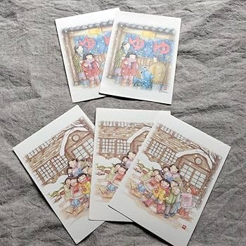Amazon | 絵葉書 5枚 色鉛筆 昭和 レトロ風 冬 銭湯 学校