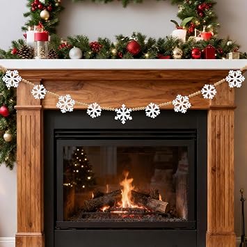 Christmas Snowflake Garland Wooden Christmas Snowflakes Decor 9PCS White Snowflake with Natural Color Wooden Beads DIY Winter Snowflakes Banner Garland Home Office Party Mantle Farmhouse Decor
