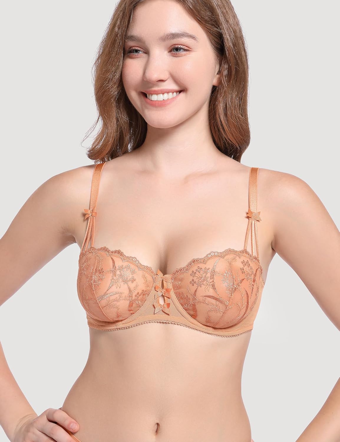 Deyllo Women’s Balconette Lace Bra Underwire Unlined Sheer Lace See Through Non Padded