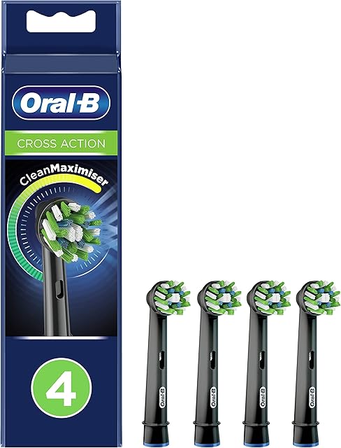 Oral-B Cross Action Electric Toothbrush Head with CleanMaximiser Technology, Angled Bristles for Deeper Plaque Removal, Pack of 4, Black