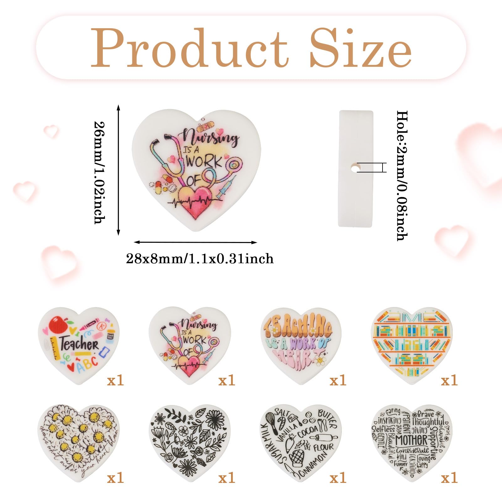 Silicone Heart Beads 8Pcs - Large Love Charms For Keychains & Jewelry Making
