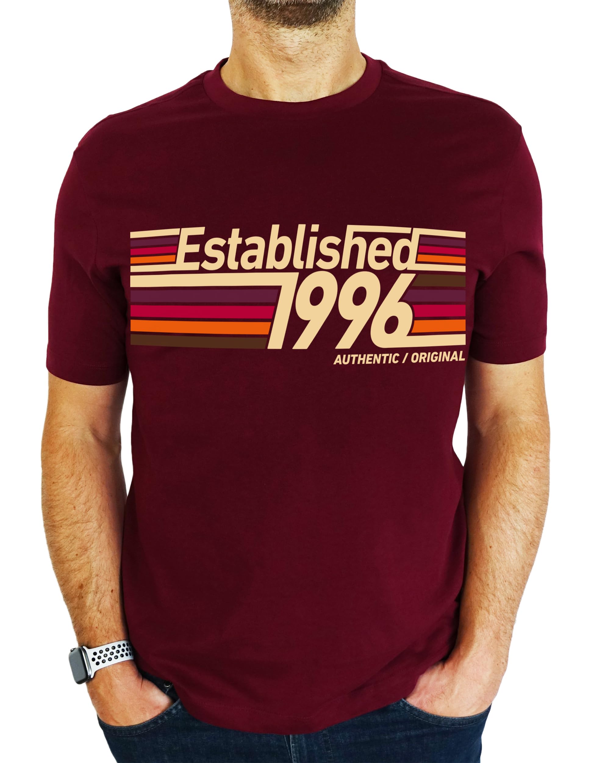 My Generation Gifts Men's Burgundy 1996 Established Retro Stripes - 30Th Birthday Gift | Present T-Shirt Xl