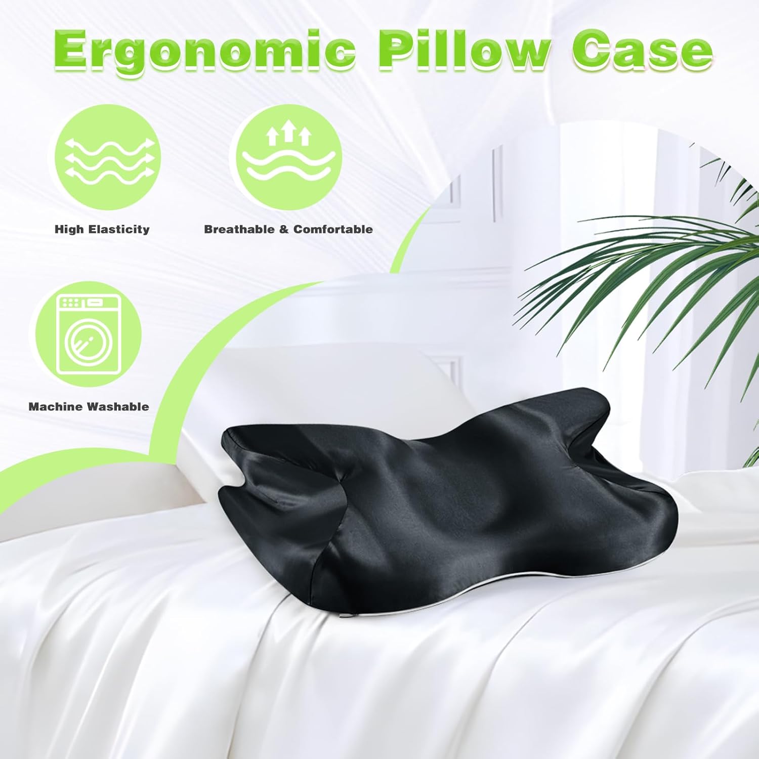 2 Pcs Satin Pillowcase for Cervical Pillow, Black Silky Cervical Pillow Case Contour Pillow Case Cover with Zipper, Smooth Ergonomic Pillowcase for Neck Pillow Cover