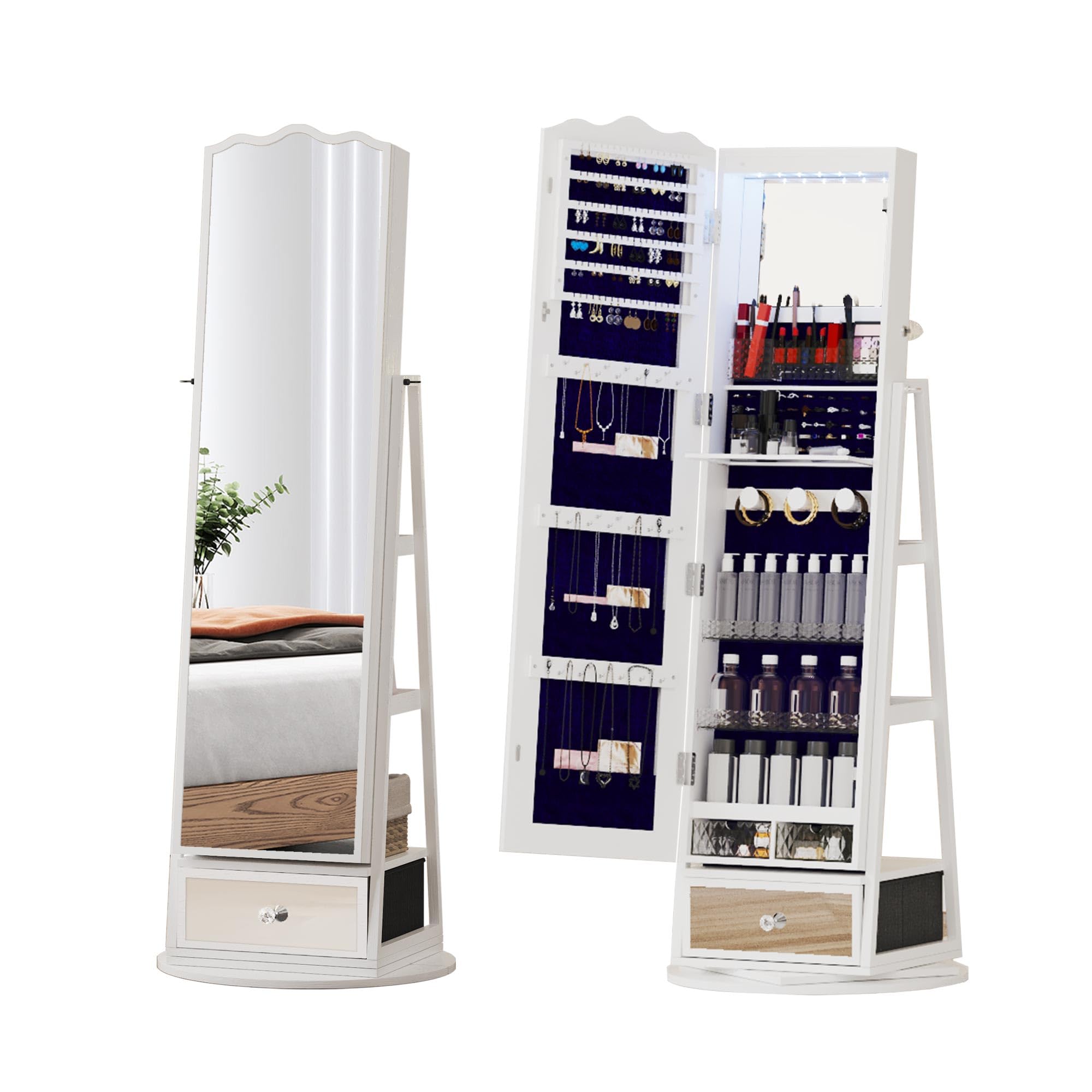 MGCC 360° Swivel jewelry armoire with LED Light, Lockable Jewelry Organizer with Full-Length Mirror,jewelry cabinet Floor Standing Mirror with Storage Shelves for Bedroom, Cloakroom
