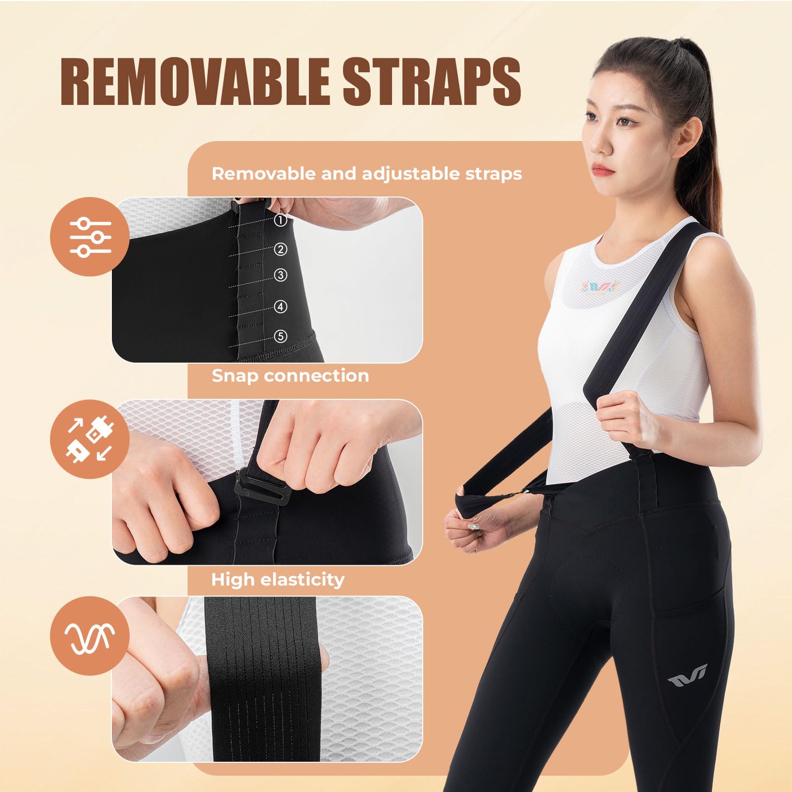 ROCKBROS TVI Culotte Ciclismo Largo para Mujer, Tirantes Ultraligeros Extraíbles Pantalones Bicicleta Montaña y Carretera Acolchado Transpirable con Bolsillo, Ropa Verano