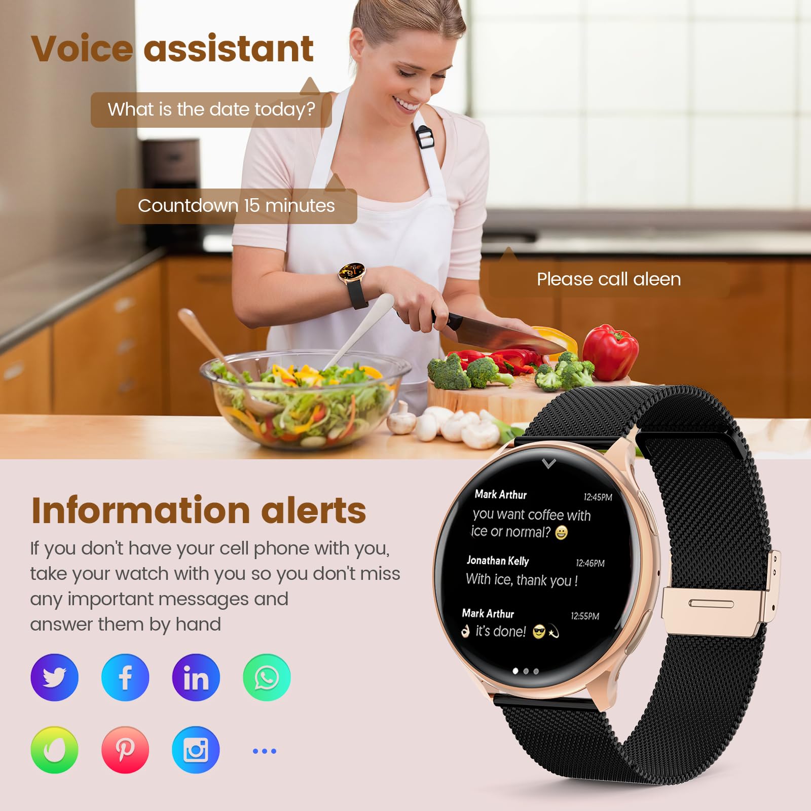 SLOKSFil Smartwatch Damen mit Telefonfunktion, 1.39" Smart Watch Rund mit SpO2, 24H Pulsuhr Blutdruck Schlafmonitor, Fitness Tracker 120+ Sportmodi Schrittzähler für iOS Android (Schwarzes Roségold)