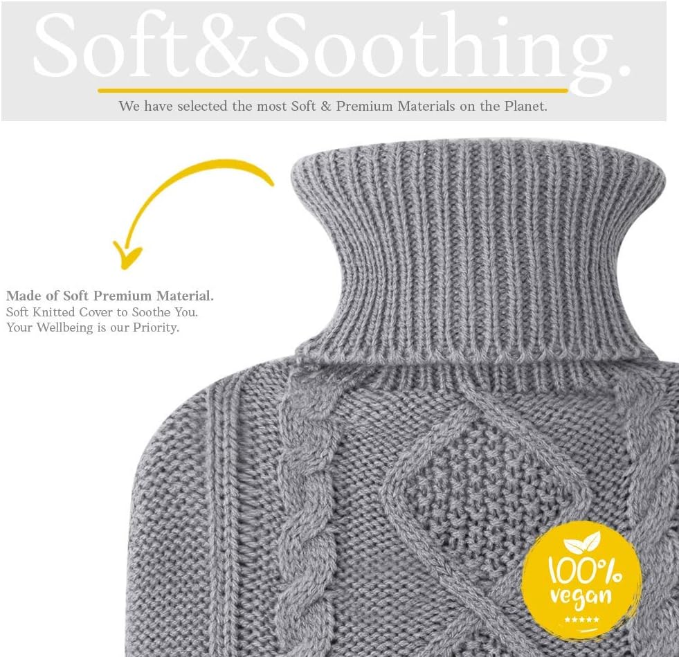 Qomfor Hot Water Bottle with Cover - 1.8L Large - Premium Hot Water Bag with Knitted Sweater Cover - Great for Cramps, Pain Relief & Cozy Nights - Water Heating Pad - Feet & Bed Warmer - Gray : Health & Household