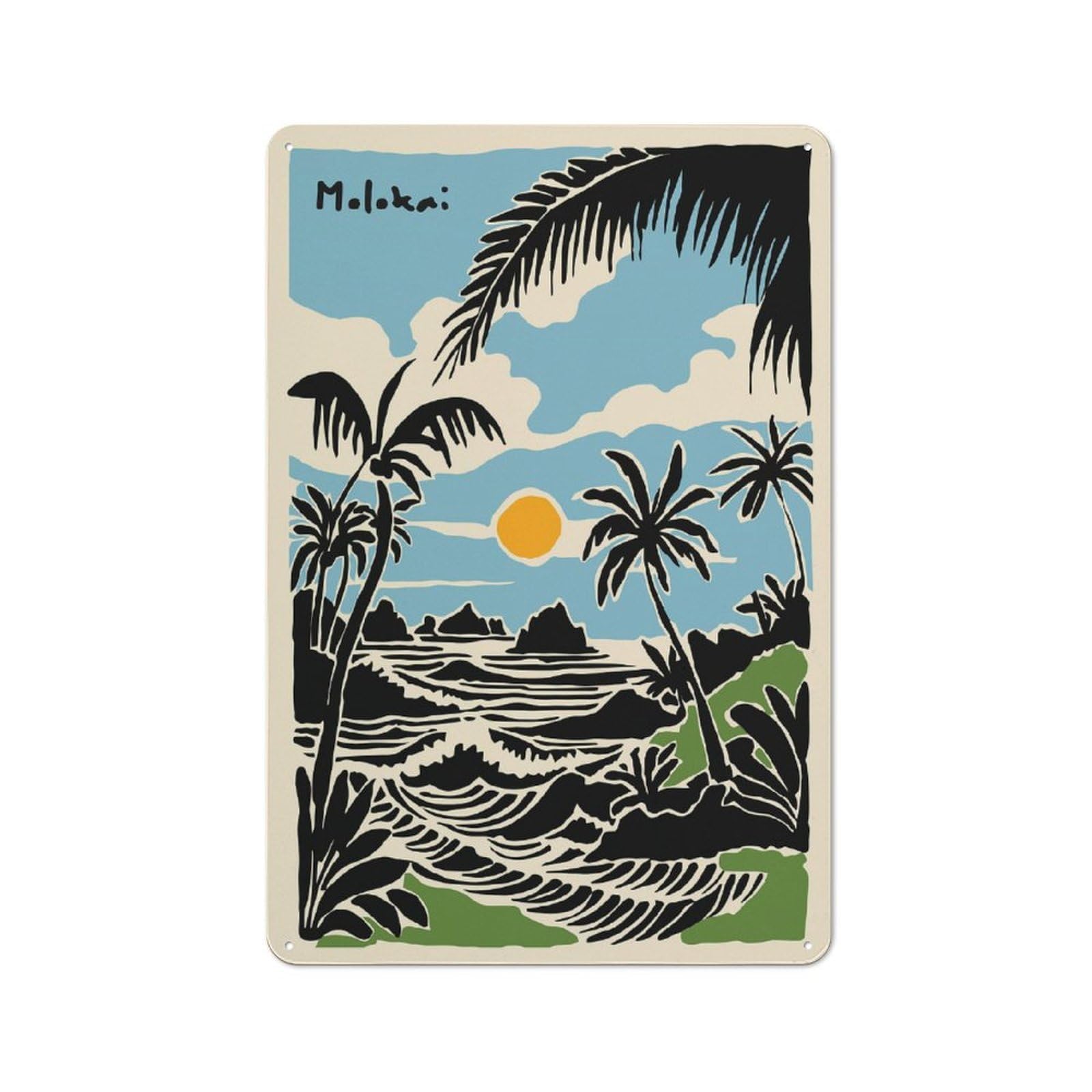 Molokai Island Beach Scene Illustration Urban Metal Wall Decor 30x20cm, Industrial Metal Sign for Flat, Bar, Studio Or Gallery Wall