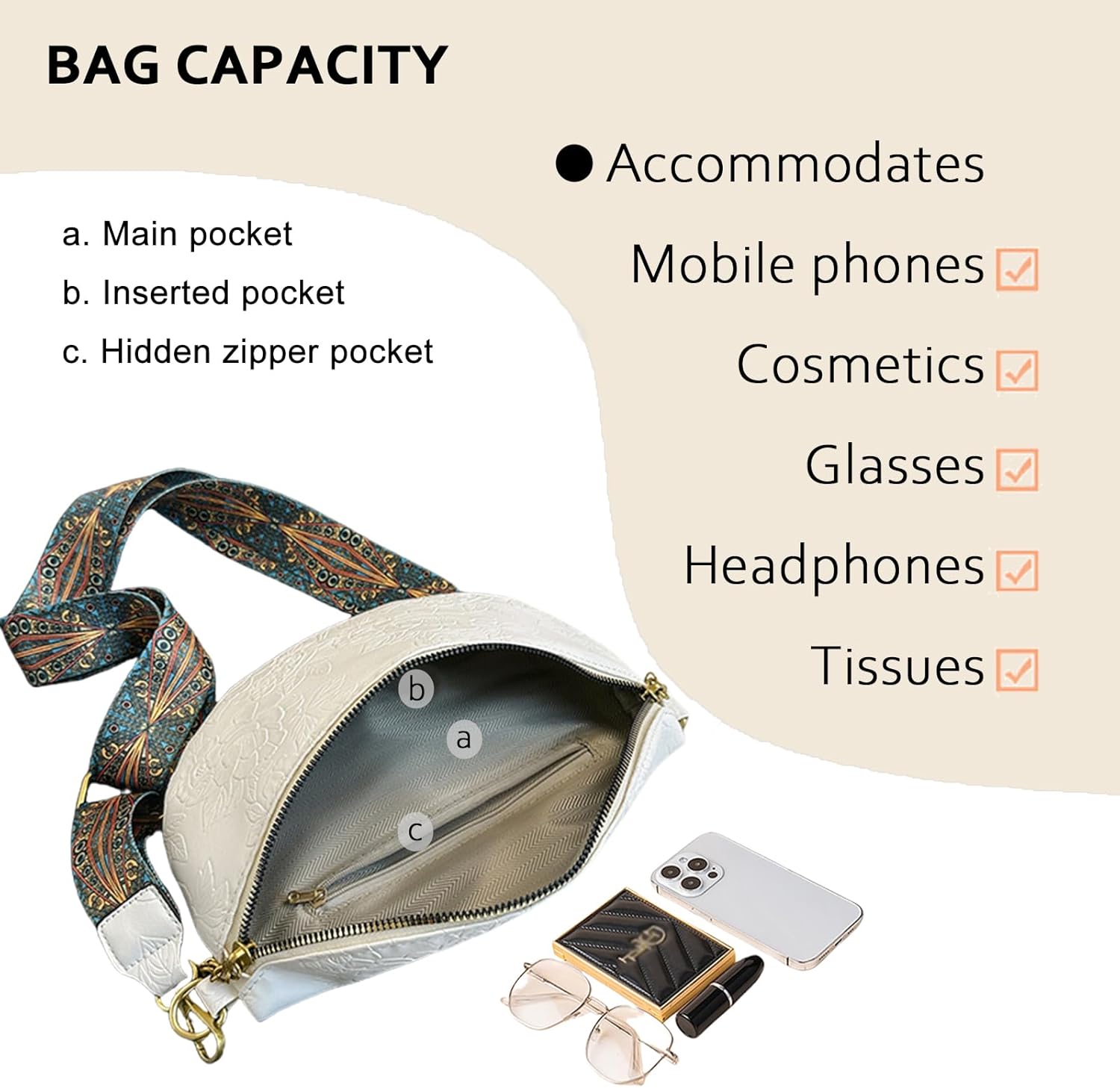 PU Leather Fanny Pack Crossbody Sling Bag for Women - Trendy Belt Bag with Adjustable Strap, Lightweight for Travel Daily Use (Embossed White) - Image 6