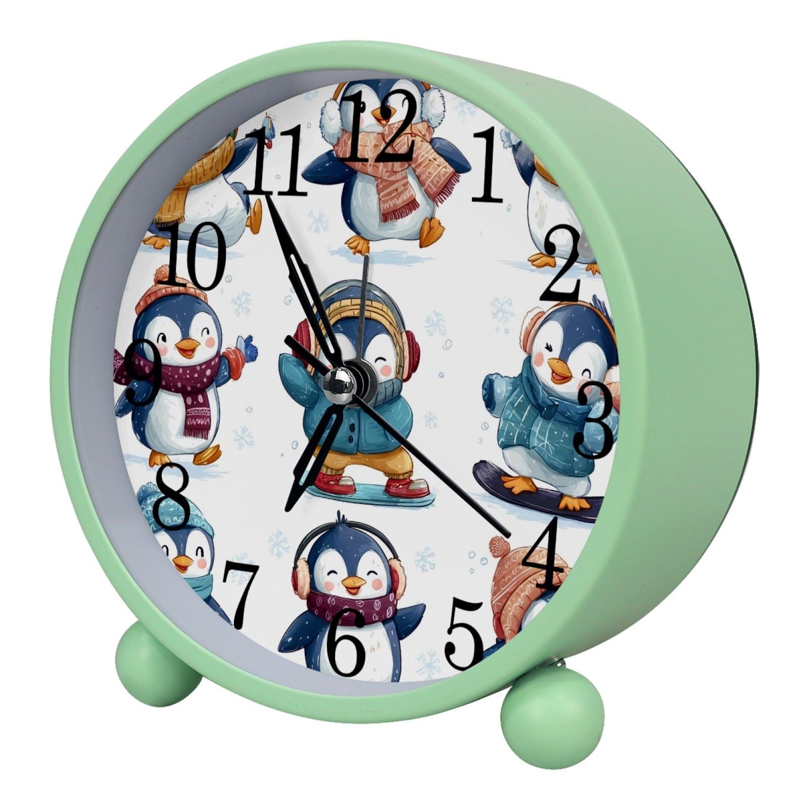 etoenbrc Cartoon Penguin Silent Analog Alarm Clock Round Battery Operated Bedside Alarm Clock Plastic Table Clock for Living Room Bedroom
