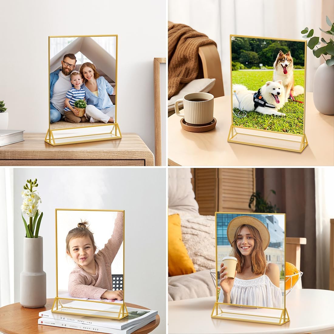 8X10 Gold Frames Double Sided Acrylic Sign Holder Tabletop Picture Frames Vertical Display Stand for Photos Wedding School Home,Set of 6