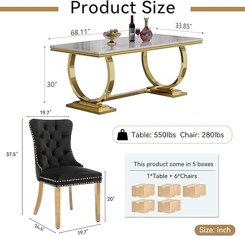Miniatura 5 de HomVent Mesa de comedor moderna con 6 sillas, diseño rectangular de mármol sintético, mesa dorada con 6 sillas negras