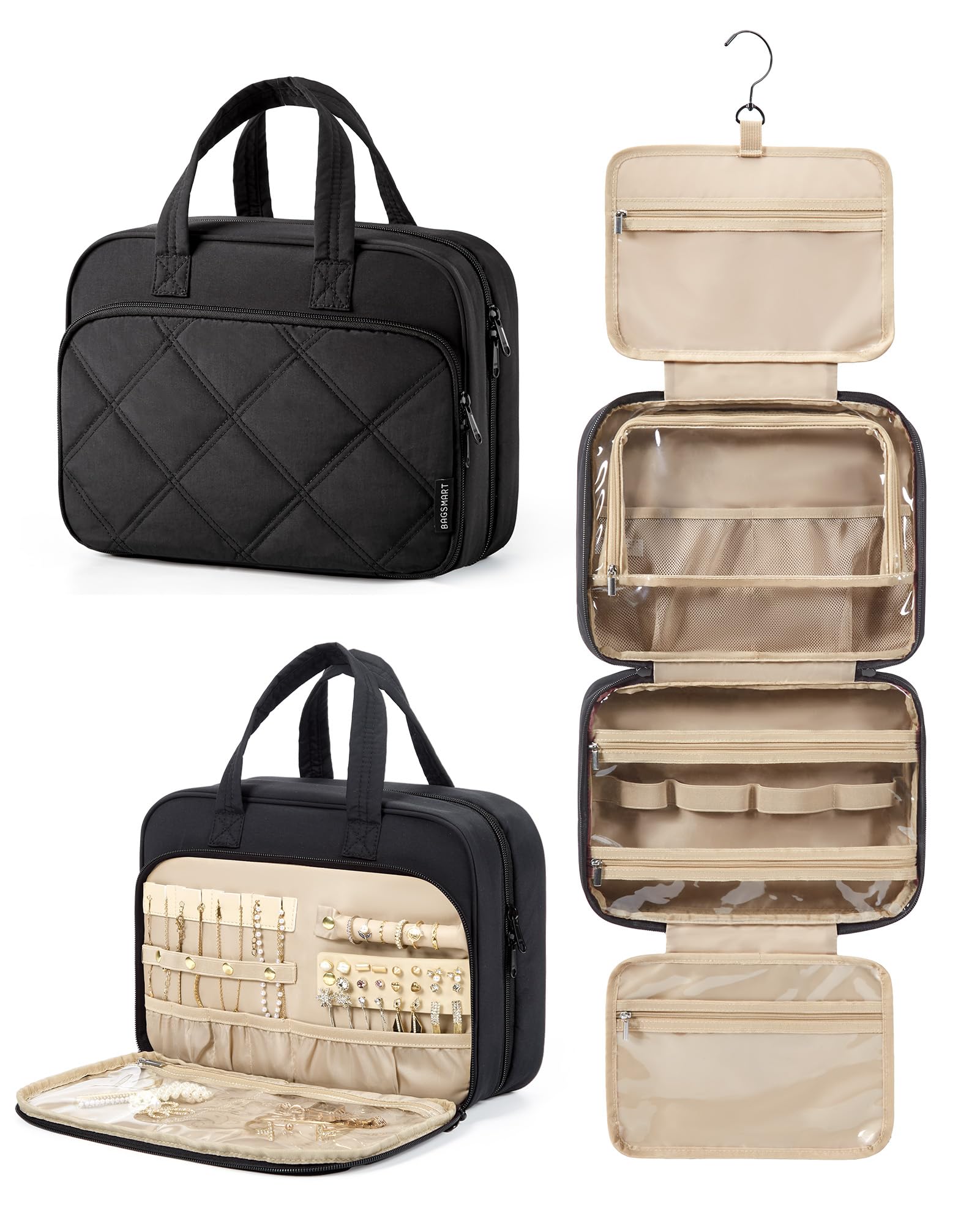 BAGSMART HangingToiletry Bag for Women, Puffy Travel Toiletry Bag with Jewelry Organizer, Waterproof Cosmetic Makeup Bag Compartment, Toiletries Kit