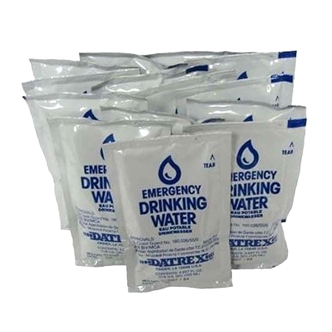 emergency drinking water pouches, white with blue lettering