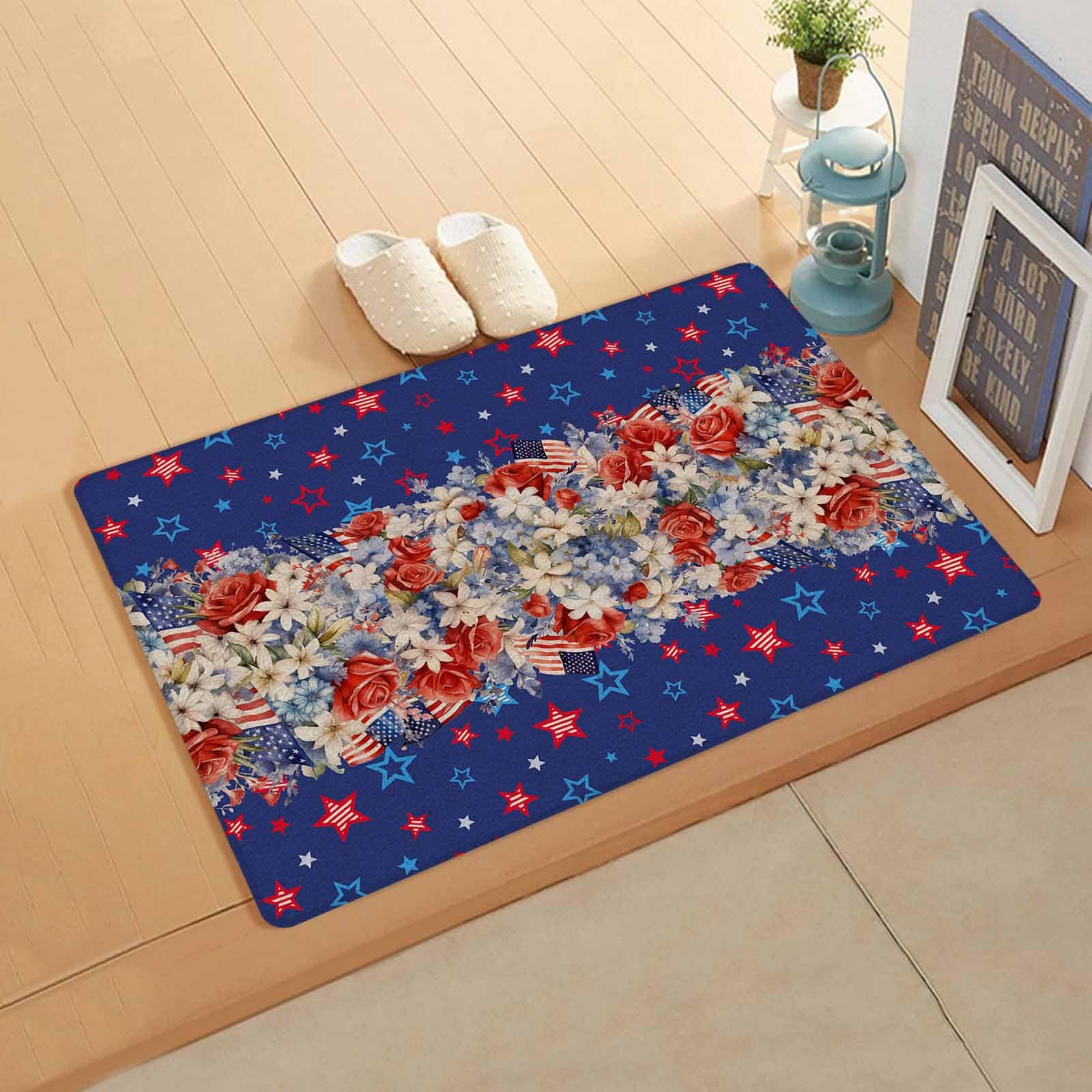 Independence Day Antifatigue Kitchen Bath Door Mat Cushioned Runner Rug,Washable Welcome Floor Sink Mat,Waterproof Non-Slip Kitchen Standing Doormat,4th of July Red Blue Star Botanical Floral 20