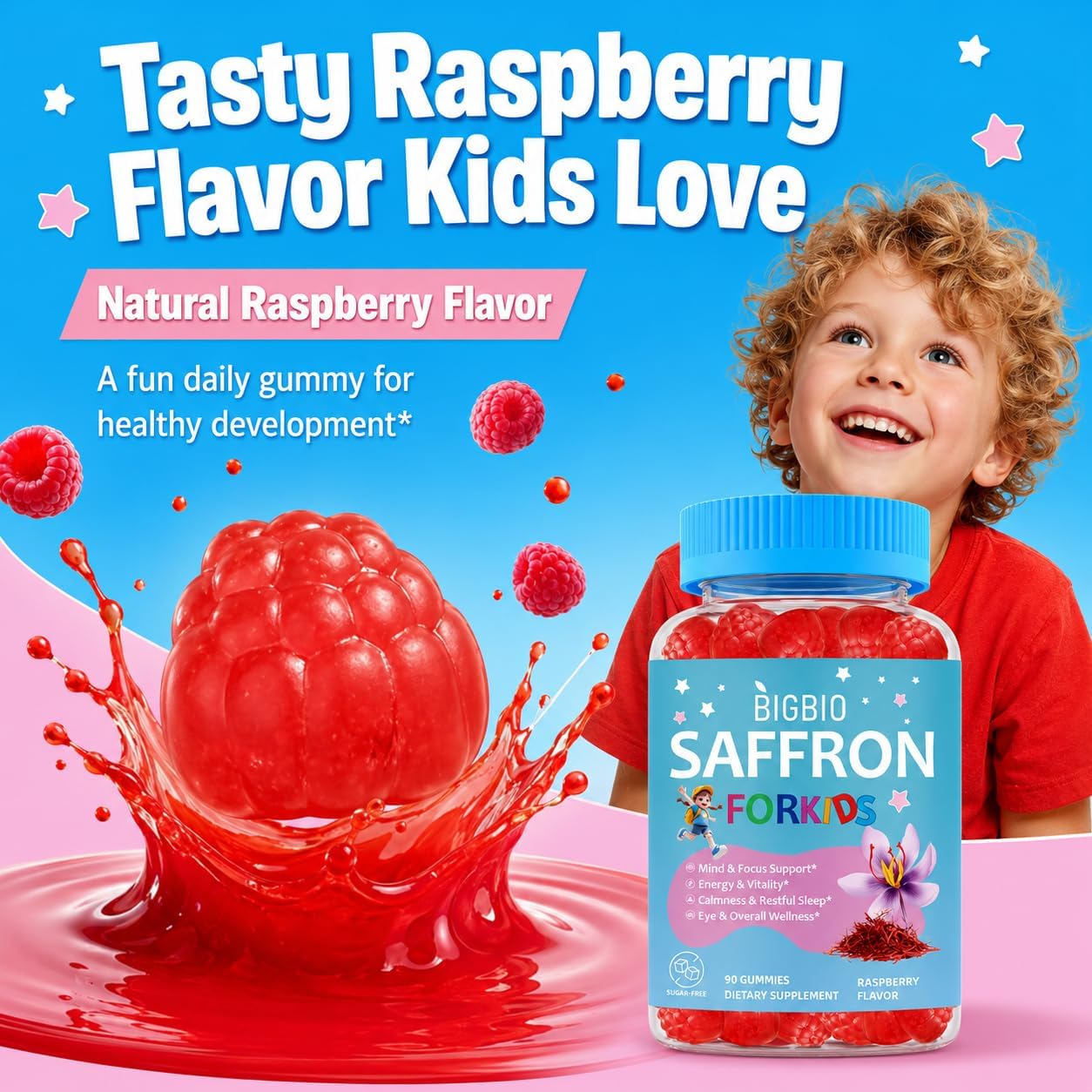 Saffron for Kids, Happy Mood Gummies, Magnesium Glycinate, Omega-3, Holy Basil, L-Theanine, Rosemary, B6, D3 for Calm, Focus, Cognition, Sleep, Sugar Free Saffron Extract Supplement, 90 Gummies image 3