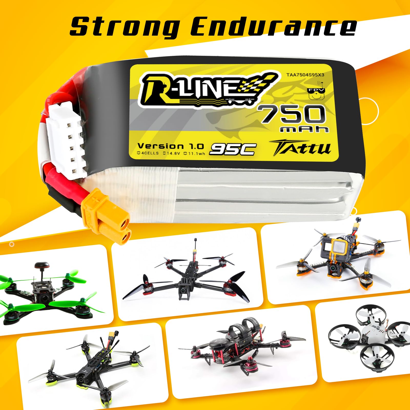 TATTU 4S 750 mAh 14,8 V 95C 4S1P Lipo akumulator z wtyczką XT30 do FPV Racing Quadrocopter 100 180 rozmiar