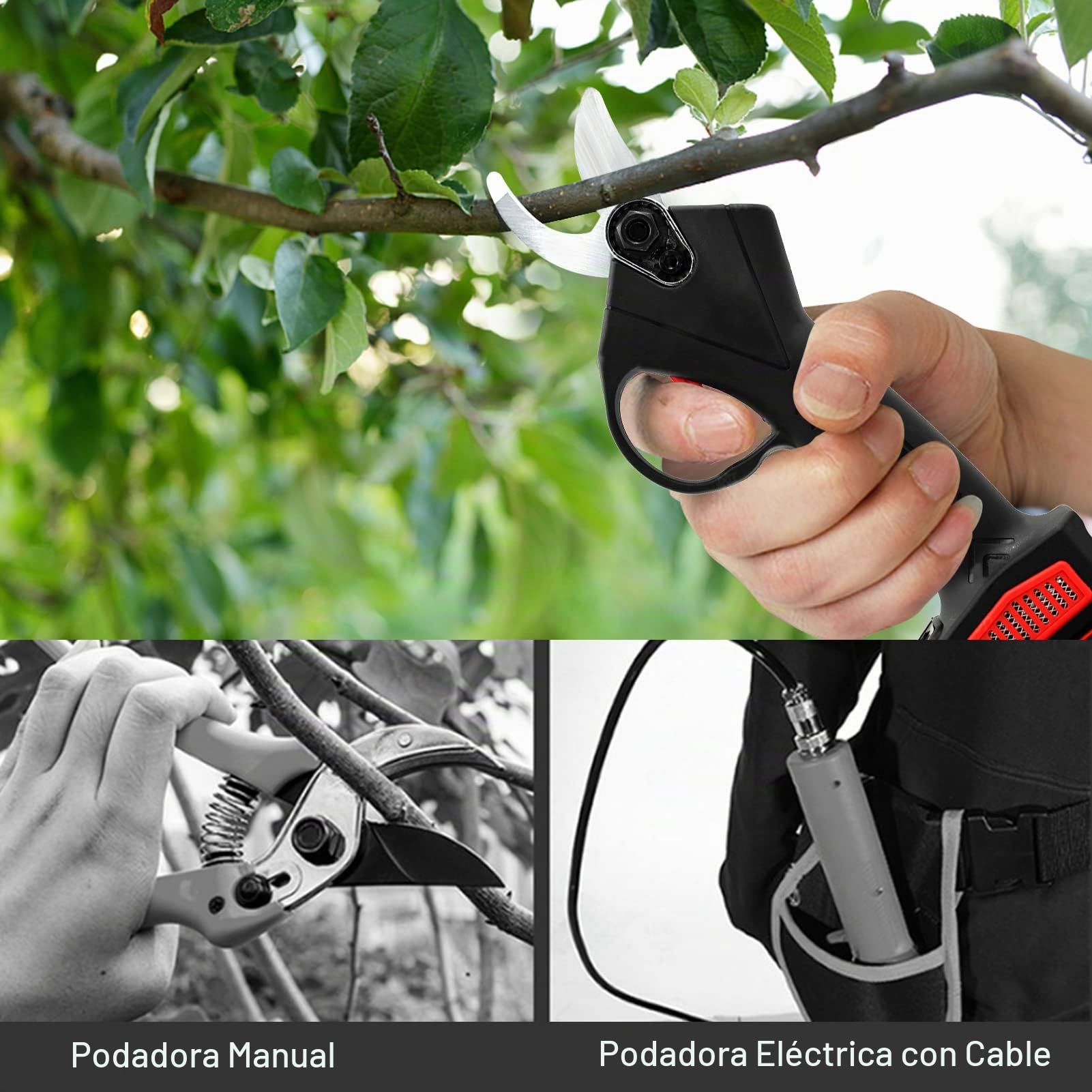 Tijera de Podar Electricas Profesional 30 mm Geevorks 21V Tijeras de Podar a Batería Li-Ion(2 * 2000mAh) Carga Rápida Diseño Antideslizante Cortador Eléctrico Ramas Inalámbrico para Jardinería