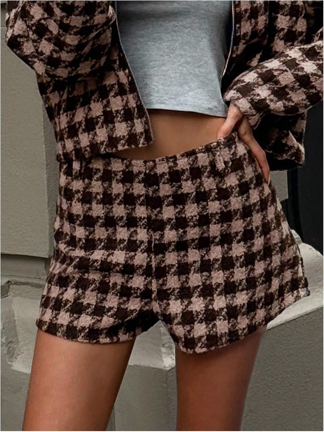 MakeMeChic Women's Houndstooth Dressy Shorts Low Rise Straight Leg Work Office Shorts - Image 2