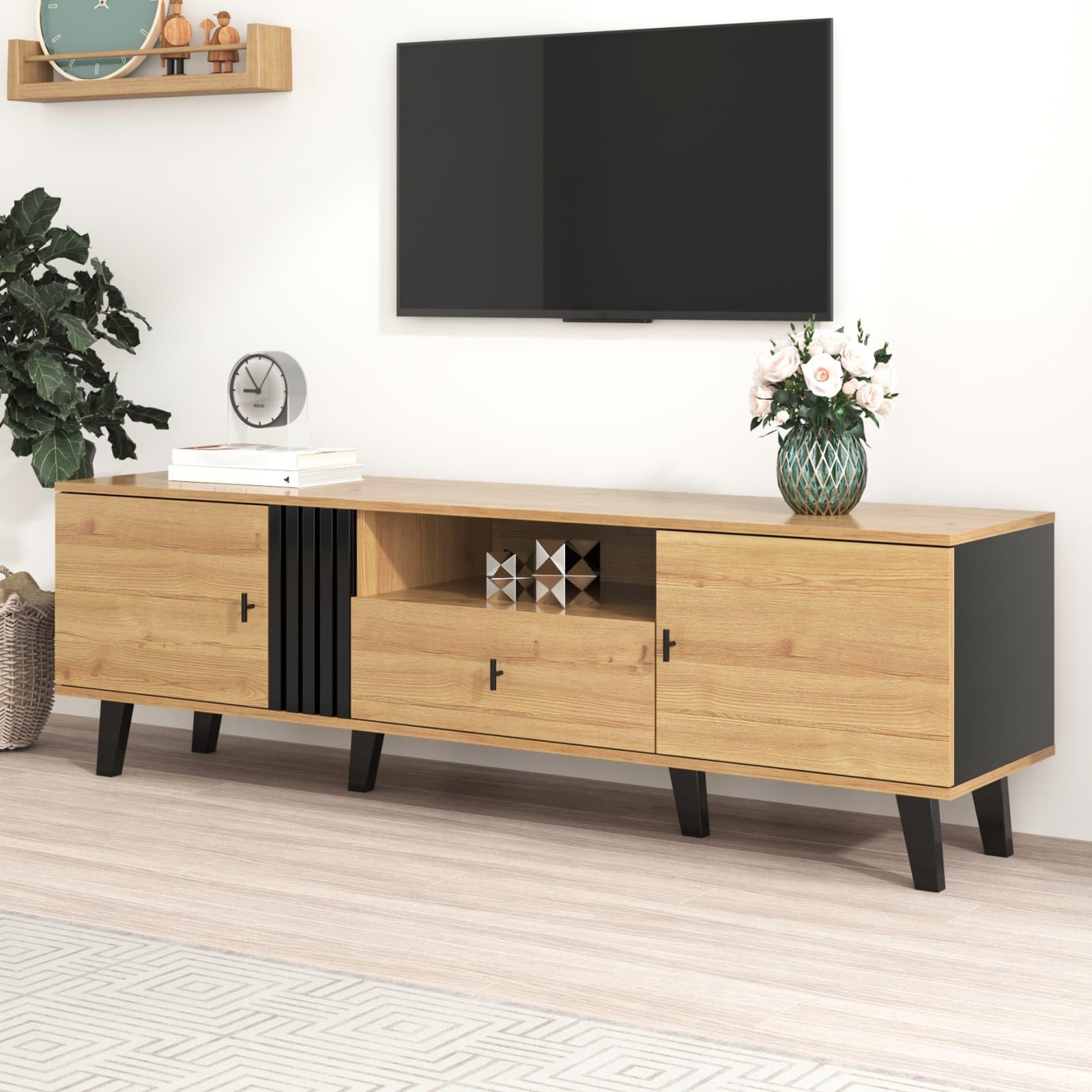 Meuble Tv Buffet Meuble Tele KOMHTOM Meuble TV Blanc Et Noir Avec LED, Buffet Avec 3 Portes Et 2 U00e9tagères En Verre, Armoire Multifonction Pour Salon Et Chambre U00e0 Coucher, Noir Meuble
