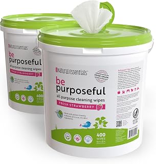 Natural Essentials Be Purposeful 400ct Cleaning Wipes, All Purpose Food-Grade Cleaner, Non-Sticky Plant-Based Cloth - Kitchen, Baby Toys, Cribs, Pacifier Wipe, Strawberry Scent (2 PK)