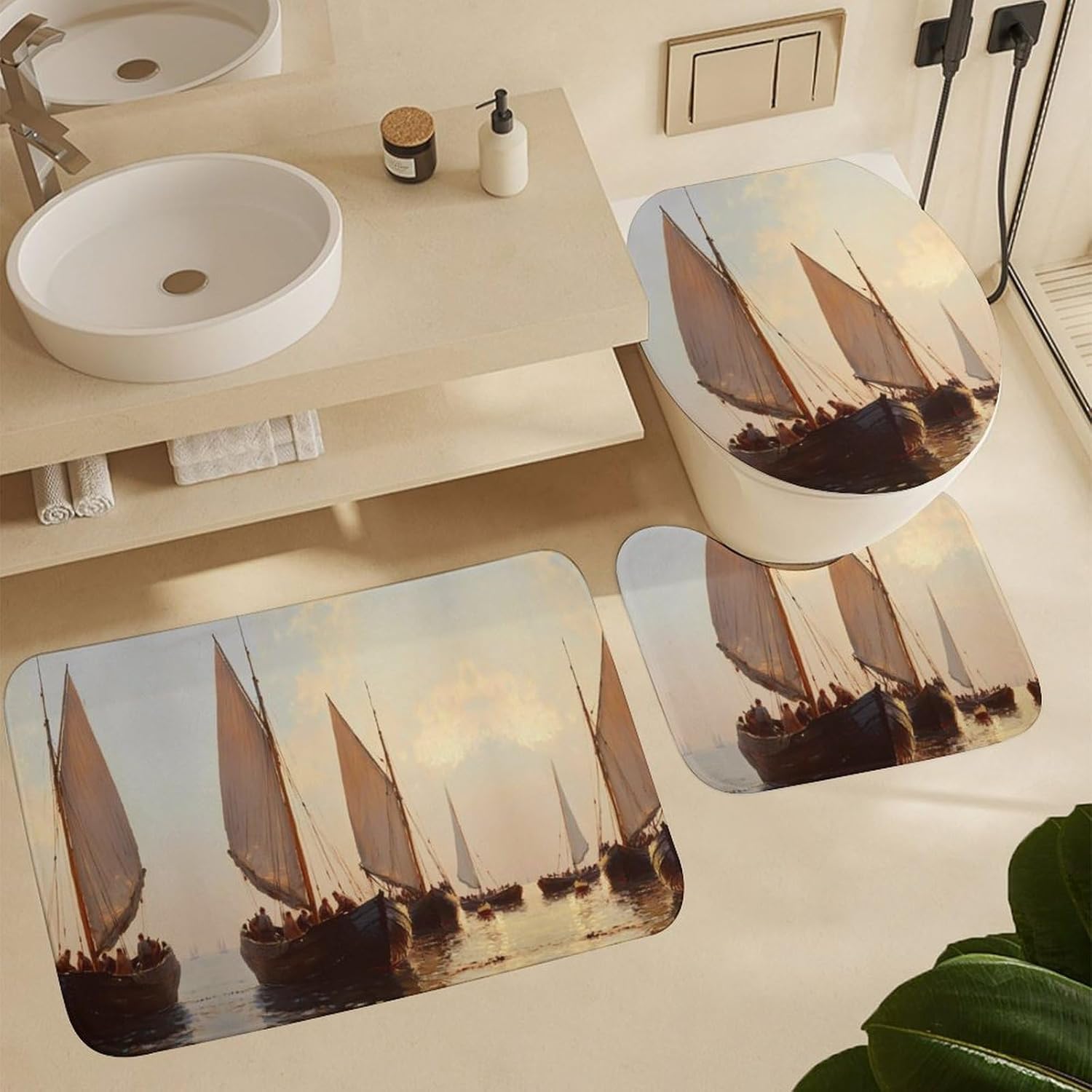 Ancient Sailing Ship Fishing Boat Sailboat Bathroom Sets with Shower Curtain and Rugs 4 Piece with U-Shaped Floor Mat Toilet Lid Cover
