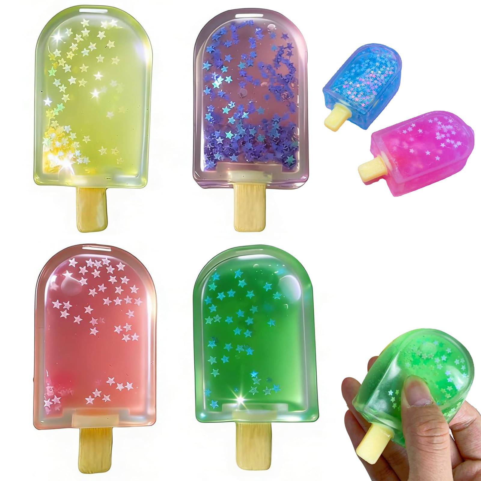 GFJryET Stress-relief toys, 4PCS Ice Cream Squeeze Squishy, Summer Sensory Stress Relief, Clear Glitter Ball