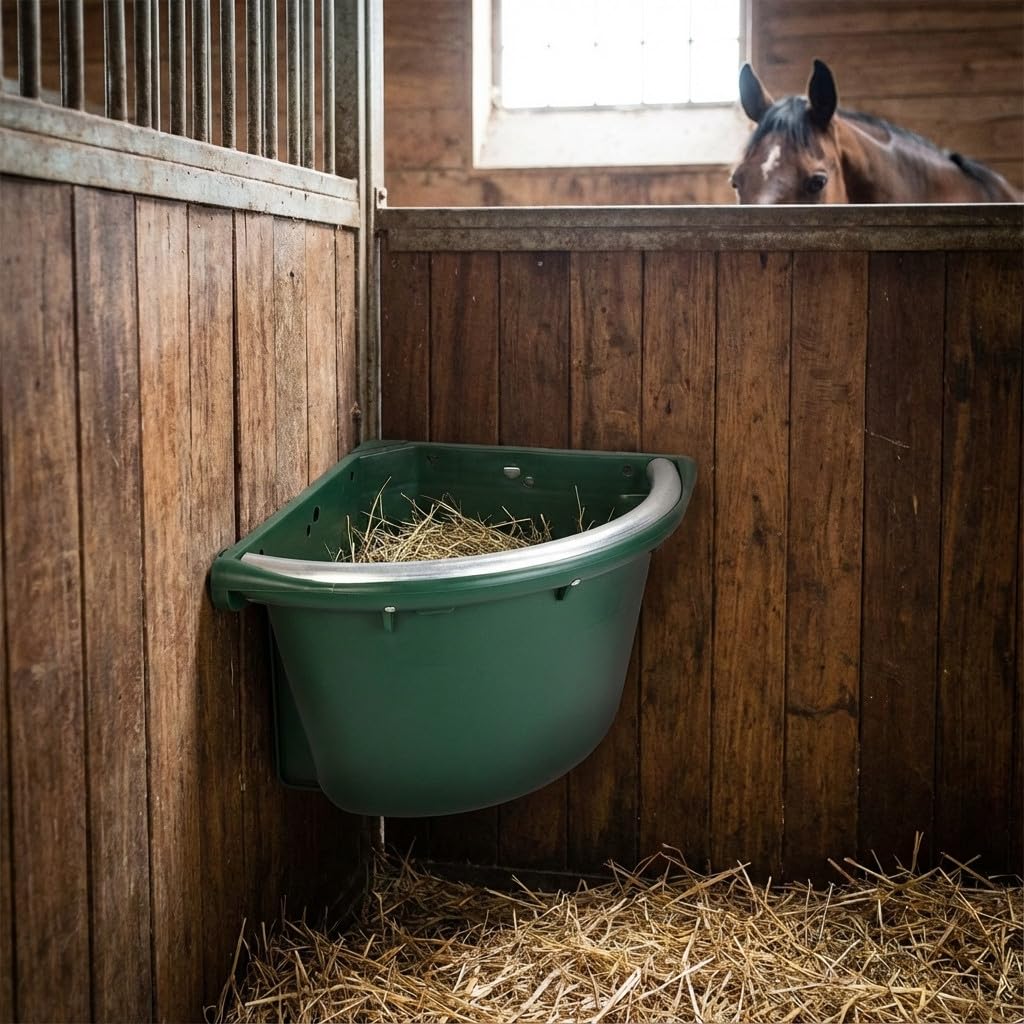 Suinga Comedero Esquinero para Caballos 20L, Borde Antidesperdicio de Metal Galvanizado, Tapa - Comedero para Caballo Equinos