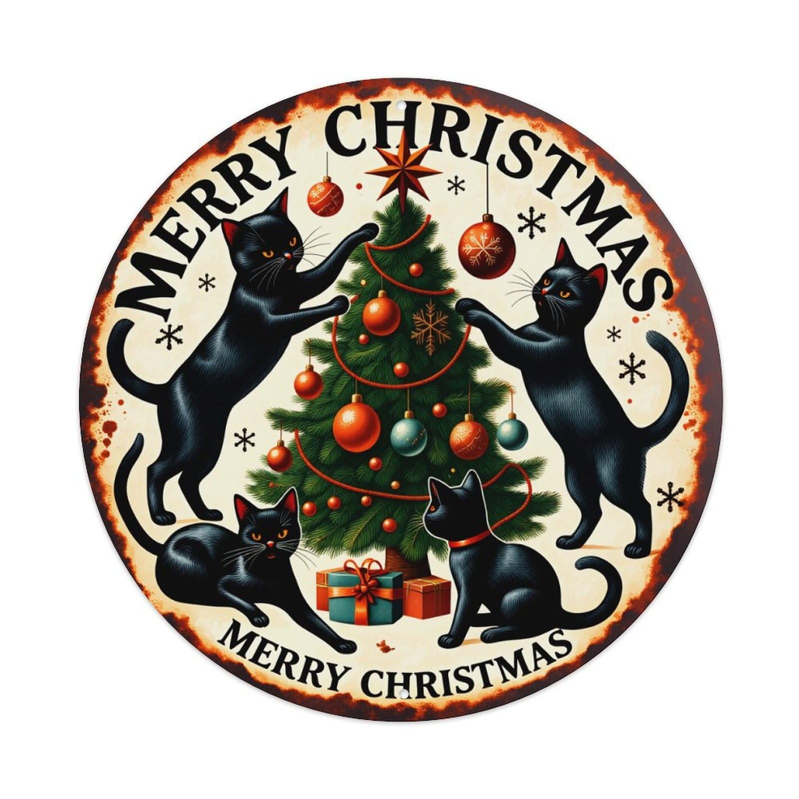 Black Cats Christmas Tree Ornaments Metal Tin Sign Plaque