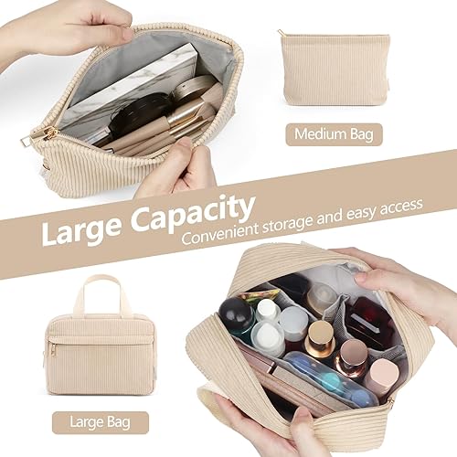 Miniatura 3 de Glitzcharm 2 bolsas de maquillaje para mujer, bolsa de maquillaje de pana para bolso, bolsa de maquillaje grande de viaje, bolsas pequeñas para