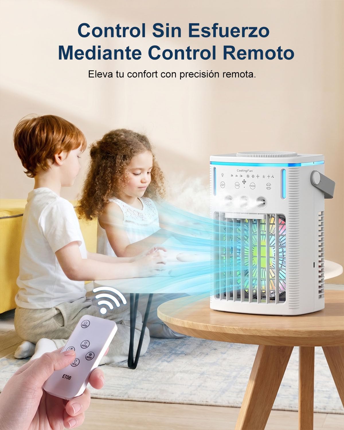 4-en-1 Mini Aire Acondicionado Portátil con Mando a Distancia, Enfriador de Aire de 1000ml con Temporizador 2-4-8H, Climatizador Silencioso con 3 Salidas de Niebla y 7 Luces LED para Dormitorio