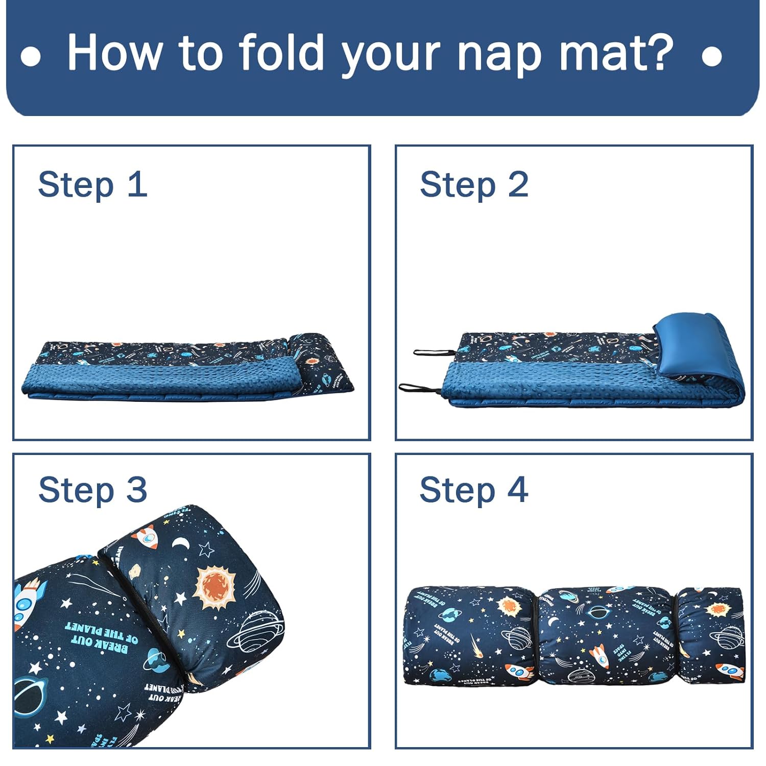 MWMWMW Space Toddler Nap Mat, Kids Sleeping Mat with Removable Pillow & Soft Minky Blanket, Kids Sleeping Bag for Daycare, Preschool & Travel