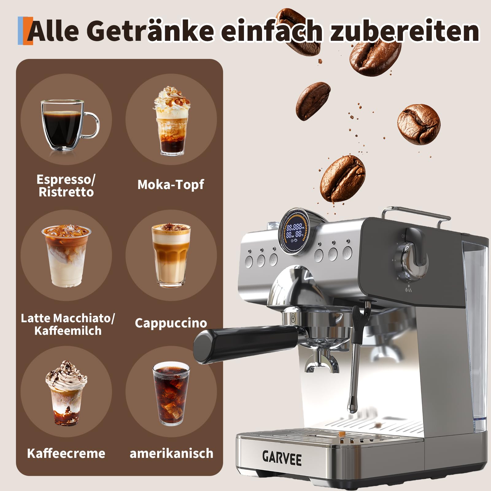 GarveeTech Macchina da Caffè Automatica 20 Bar, Espresso E Cappuccino Con Termoblocco & Ugello A Vapore Manuale,Serbatoio 1.5L, Per Espresso, Latte (nero)