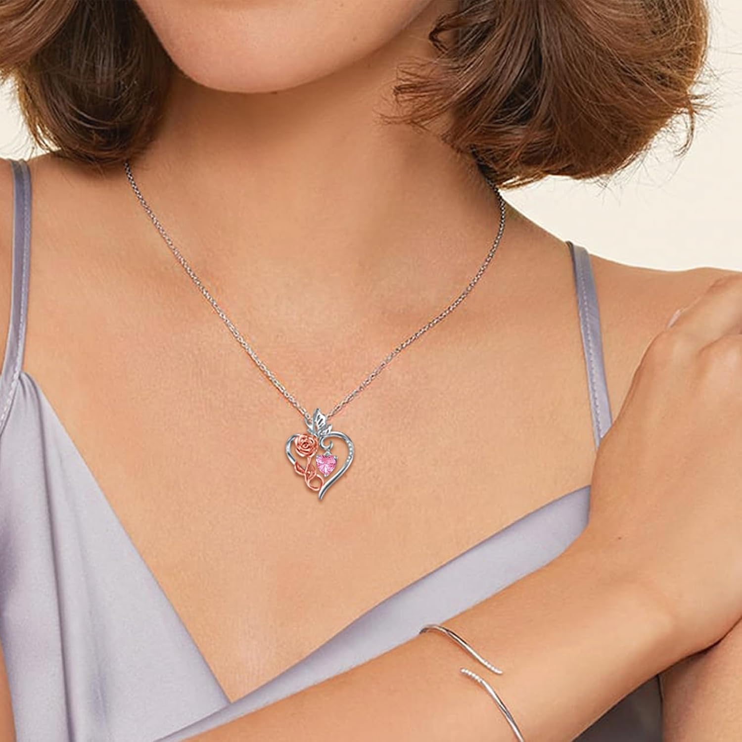 Rose Heart Birthstone Necklace for Women,925 Sterling Silver Flower Infinity Love Heart Pendant Necklaces for Mom Wife Her Jewelry for Anniversary Christmas Mothers Day - Image 4