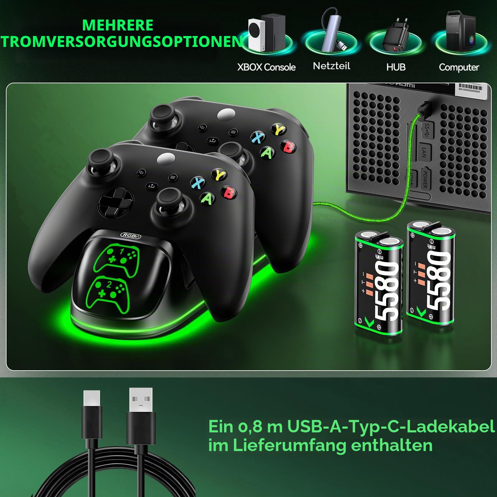 OIVO Xbox Controller Ladestation mit 2X 5580mWh Wiederaufladbaren Akku für Xbox One/Series X/S, Xbox Akku für Controller mit Ladestation