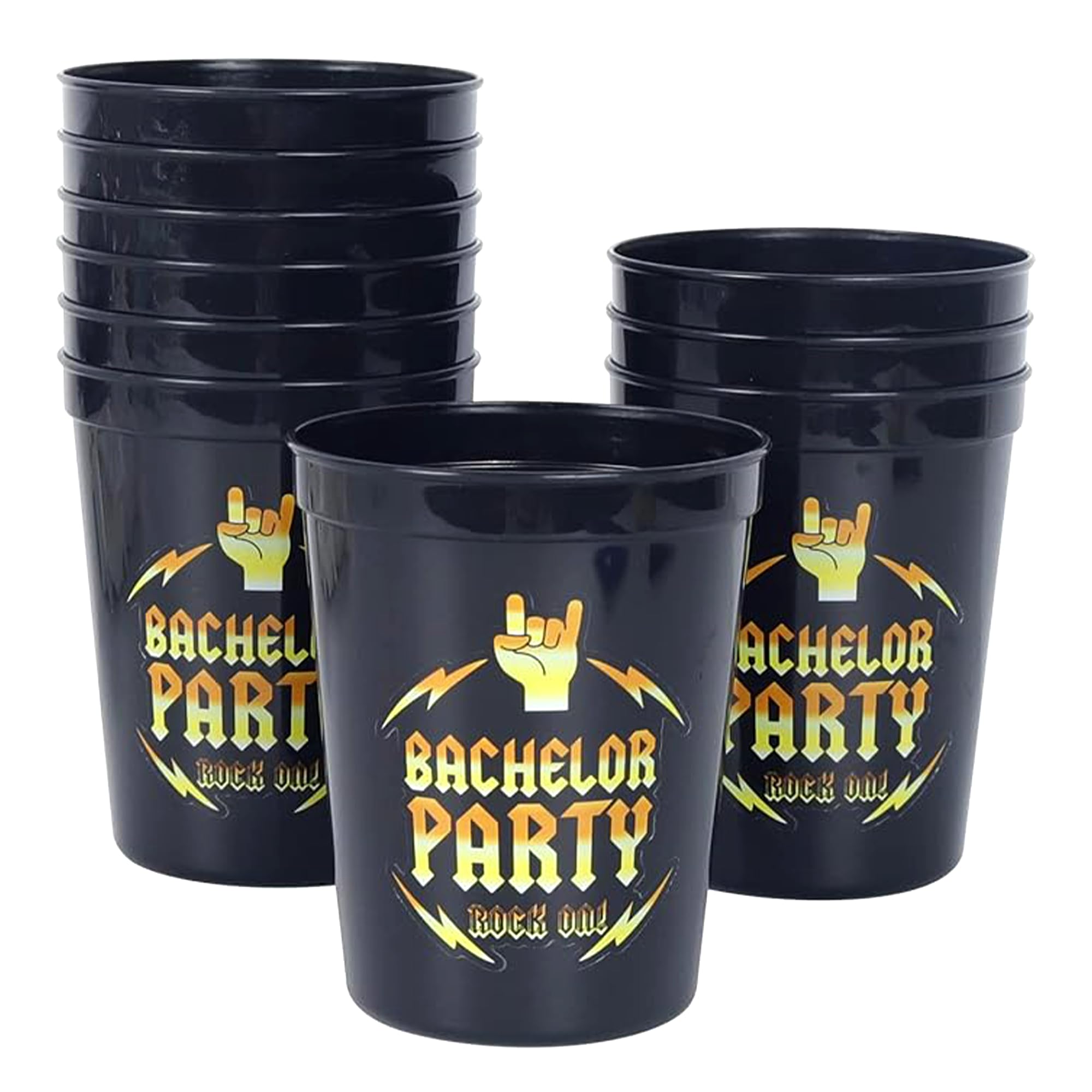 Brosash Party Cups Pack of 10 Black Plastic Cups with Gold Text Bachelor Party - Rock On! | Team Groom Cup Favors and Men Supplies