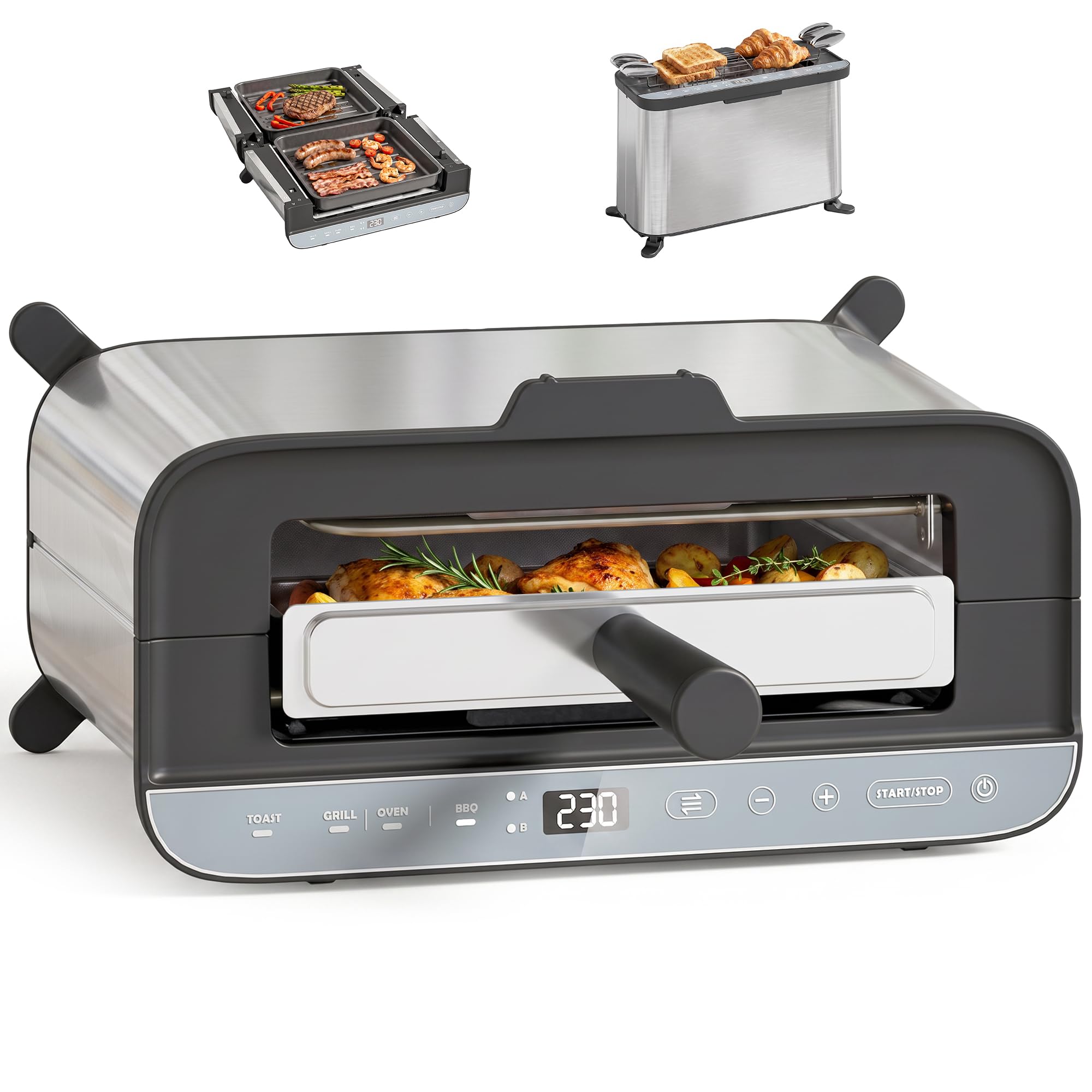 HOMCOM horno eléctrico 3 en 1, tostadora y grill de sobremesa, 5,2 qt, LED, temporizador 60 min, acero inoxidable, 1700 W