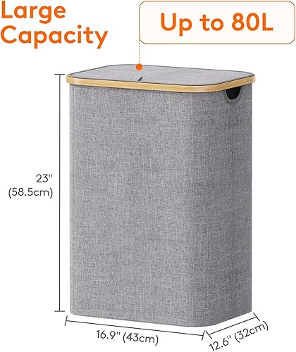Miniatura 228 de Lifewit Cesta grande de 100 litros con tapa para ropa con asas de bambú y bolsa extraíble, plegable para dormitorio, baño, residencia universitaria