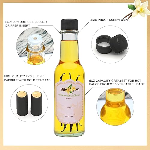 Vista 28 de Encheng Paquete de 35 botellas de salsa picante de 5 onzas con tapas, botellas de vidrio Woozy con insertos de gotero y cápsulas retráctiles, Negro