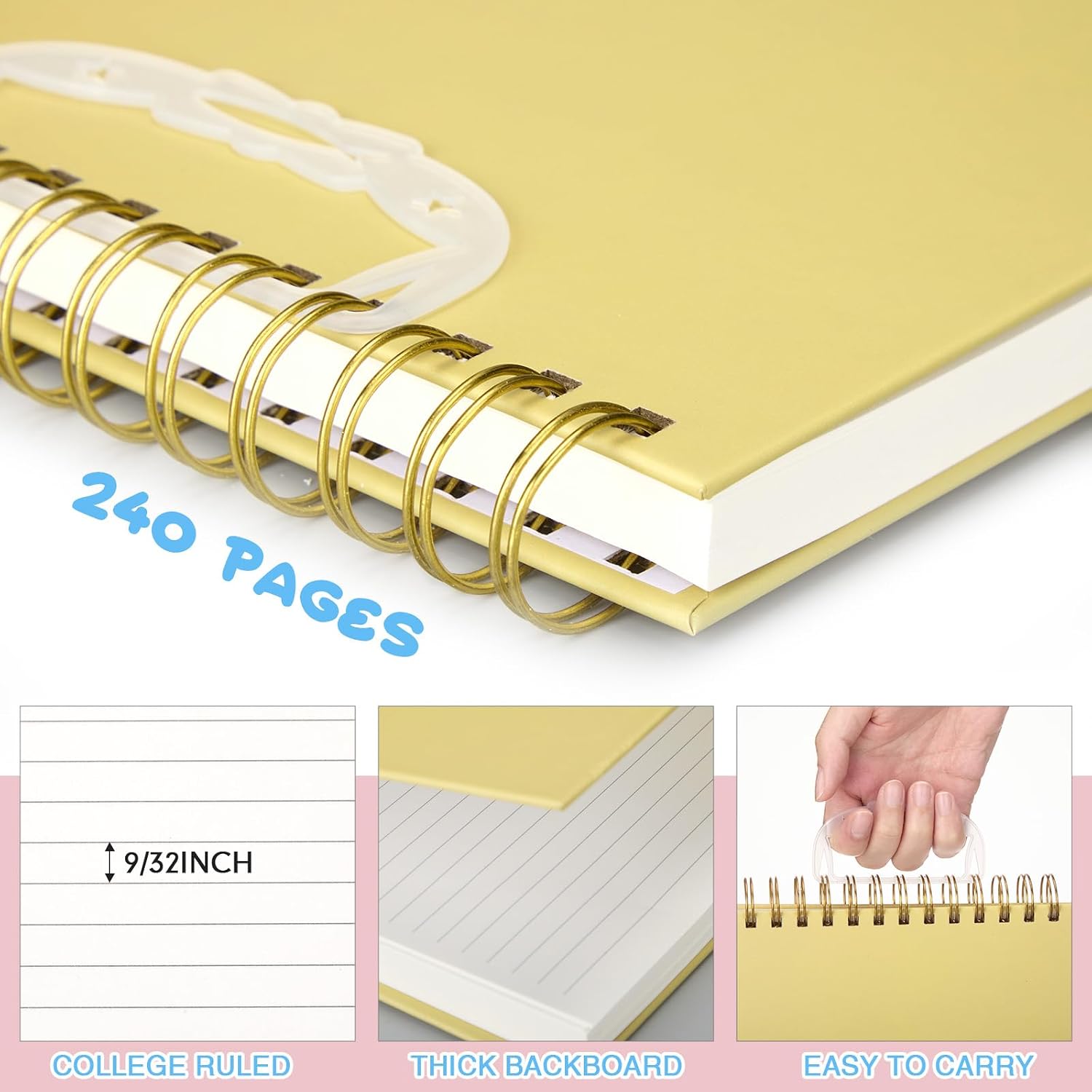 Resurhang 3 Pack Top Spiral Notebook 7"x10" Hardcover Steno Pads 240 Pages(120 Sheet) College Ruled Waterproof Cover Notepad Left Hand Notebooks for Work School Office (Yellow, Light Blue, Dark Blue)