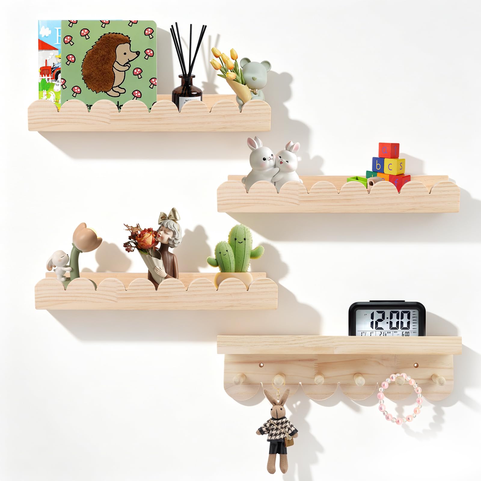 Juego de 4 estantes de pared de madera maciza para niños - Estantería con 6 ganchos para libros y juguetes - Estantería Montessori de 40 cm - Estantería flotante con curvas para niños y niñas