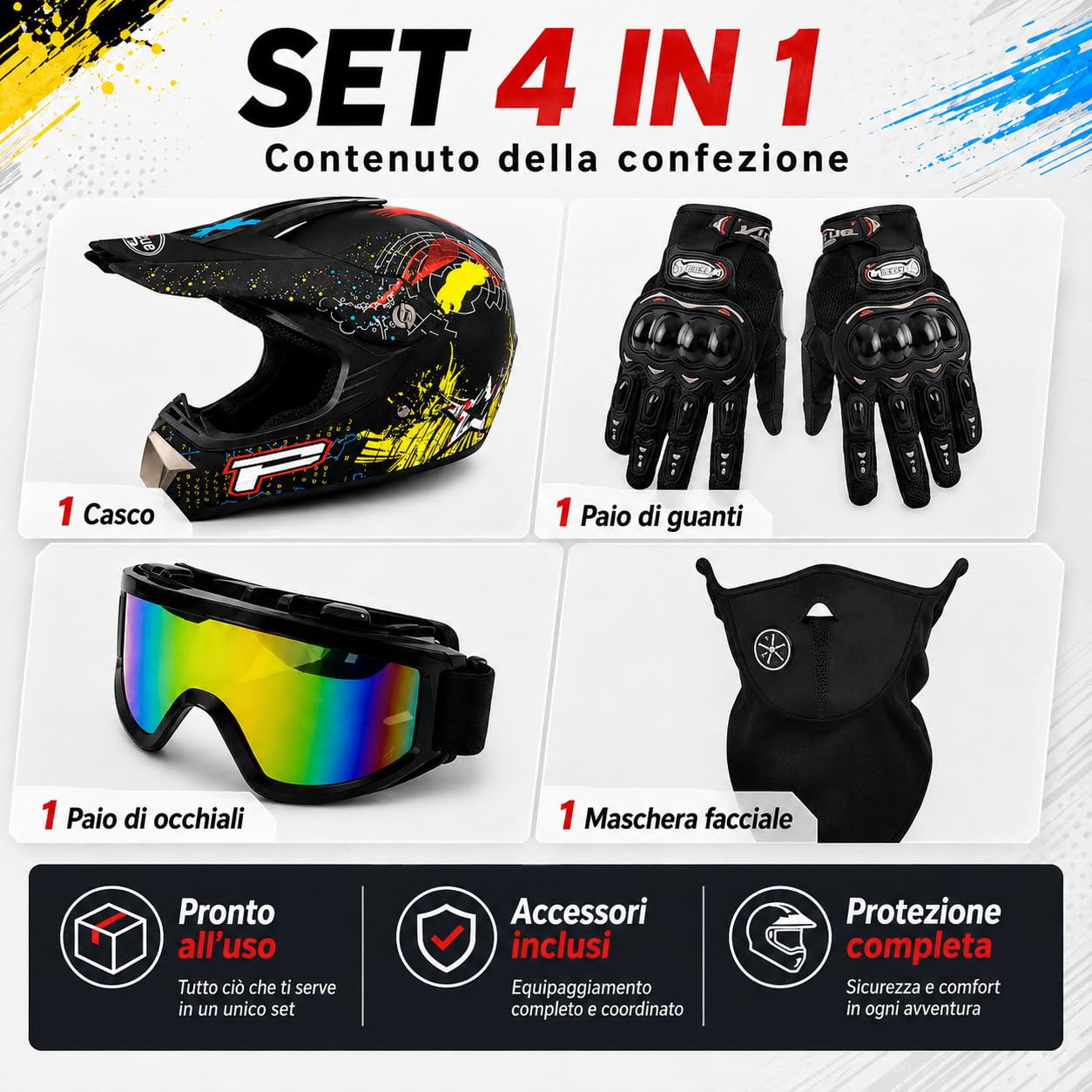 Casco Moto Cross Adulto Multicolore, Set 4 in 1 per Off-Road e MTB