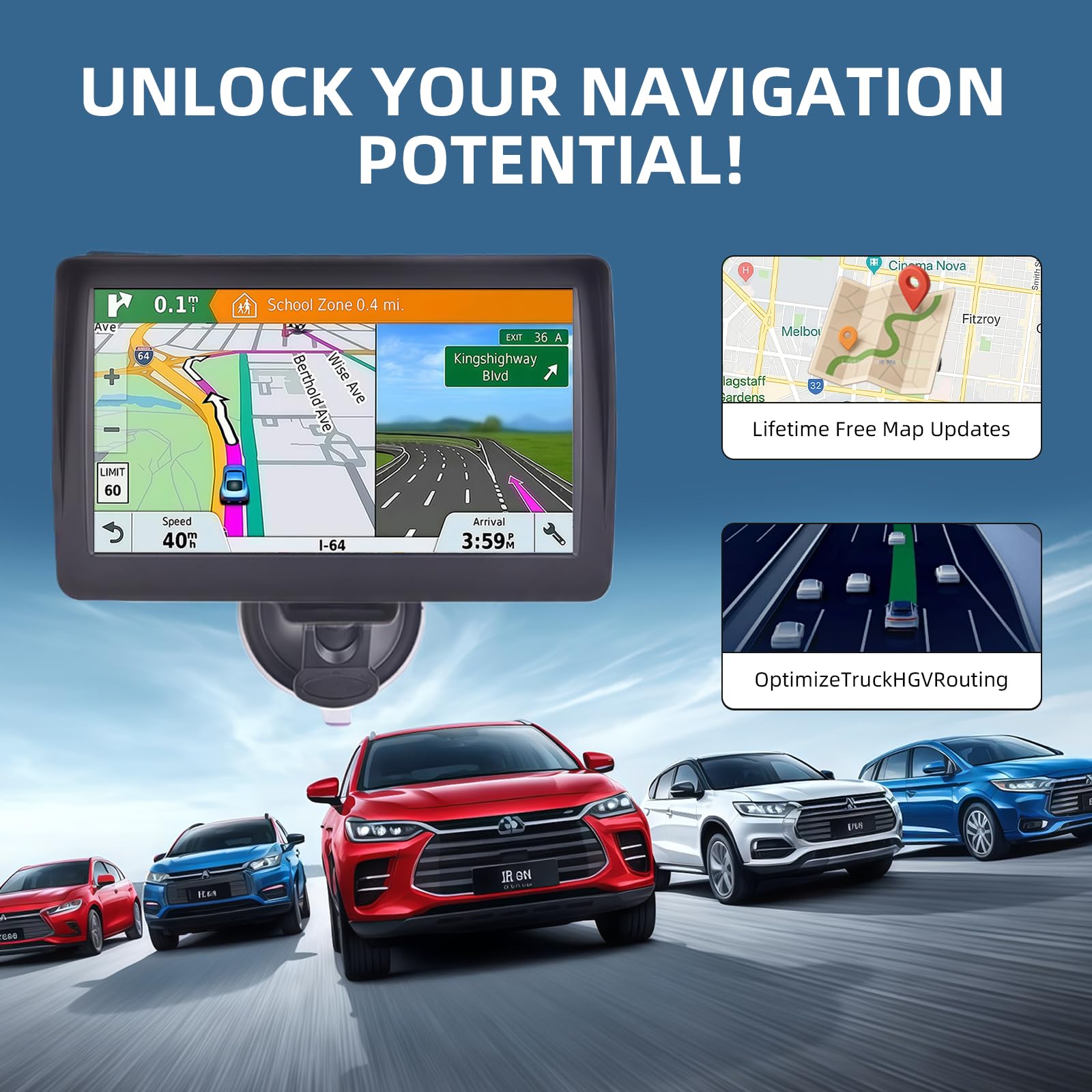 Navigatore satellitare da 7 pollici per auto e camion, sistema GPS HD con mappe del Regno Unito e dell'Europa 2026, aggiornamenti gratuiti a vita, ricerca codice postale, guida vocale, avvisi