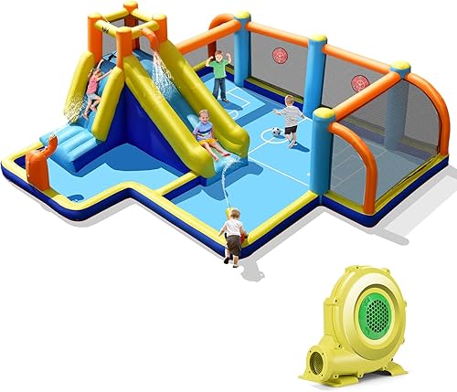 Vista 41 de HONEY JOY Tobogán acuático inflable, parque acuático gigante con porterías de fútbol para exteriores, piscina, escalada, toboganes acuáticos