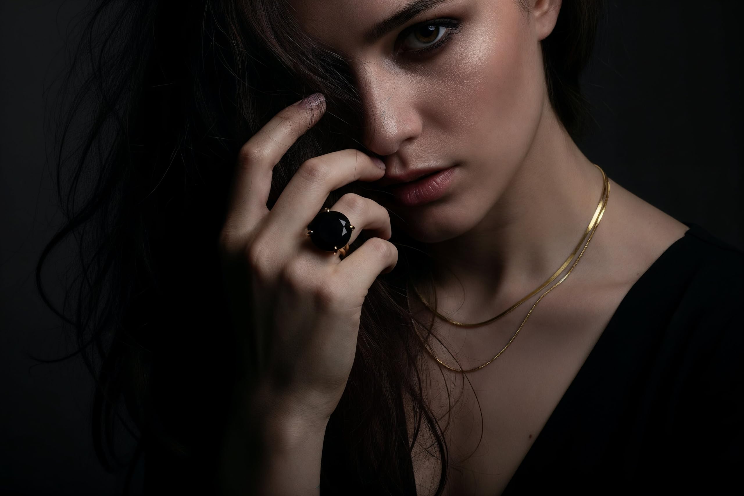 Anillo de Ónix Negro de 16MM - Anillos de Oro de 14k para Mujeres - Anillos de Piedras Preciosas para Mujeres, Anillos de Moda, Anillos para el Día a Día - Anillos Hechos a Mano