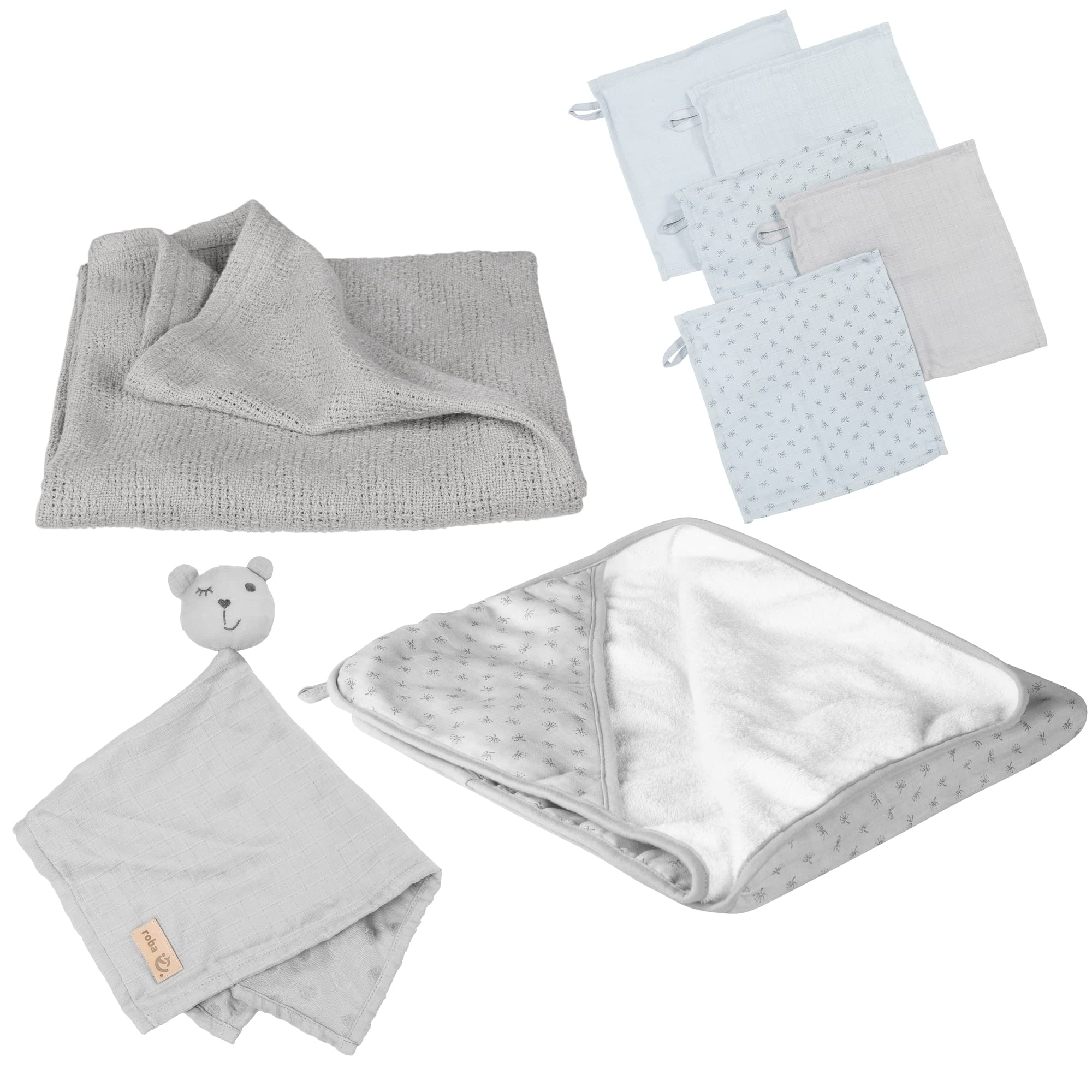 roba Coffret Sortie de Bain Bébé Lil Planet - 1 Cape de Bain + 5 Gants de Toilette + 1 Serviette Doudou + 1 Couverture - Certifié GOTS et OEKO-TEX - Gris Argenté