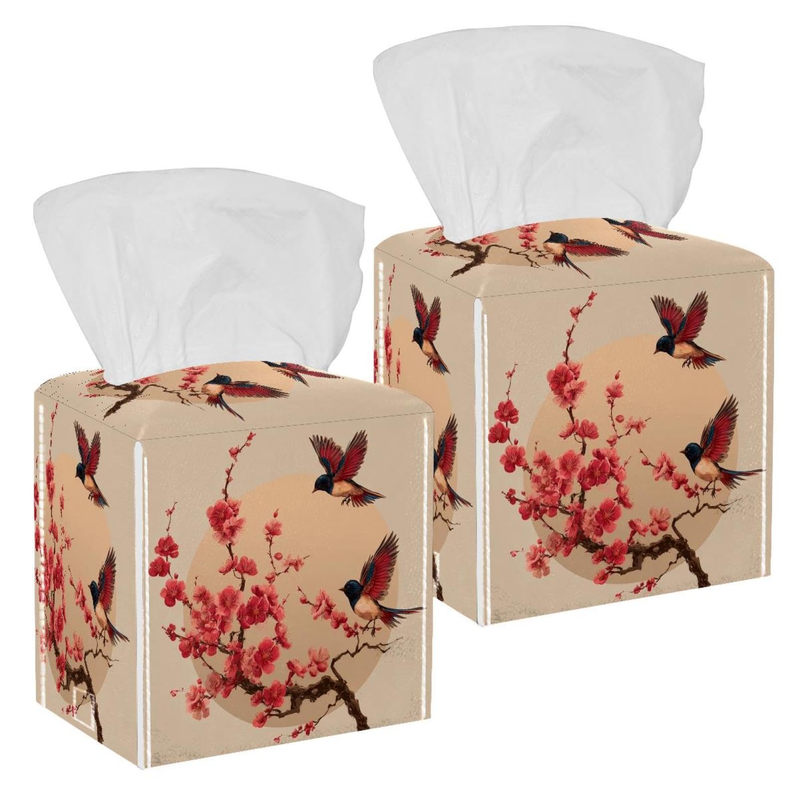 Flowers and Birds Tissue Box Cover, 2 Pack PU Leather Square Facial Tissue Dispenser Box holder for Home Office Car
