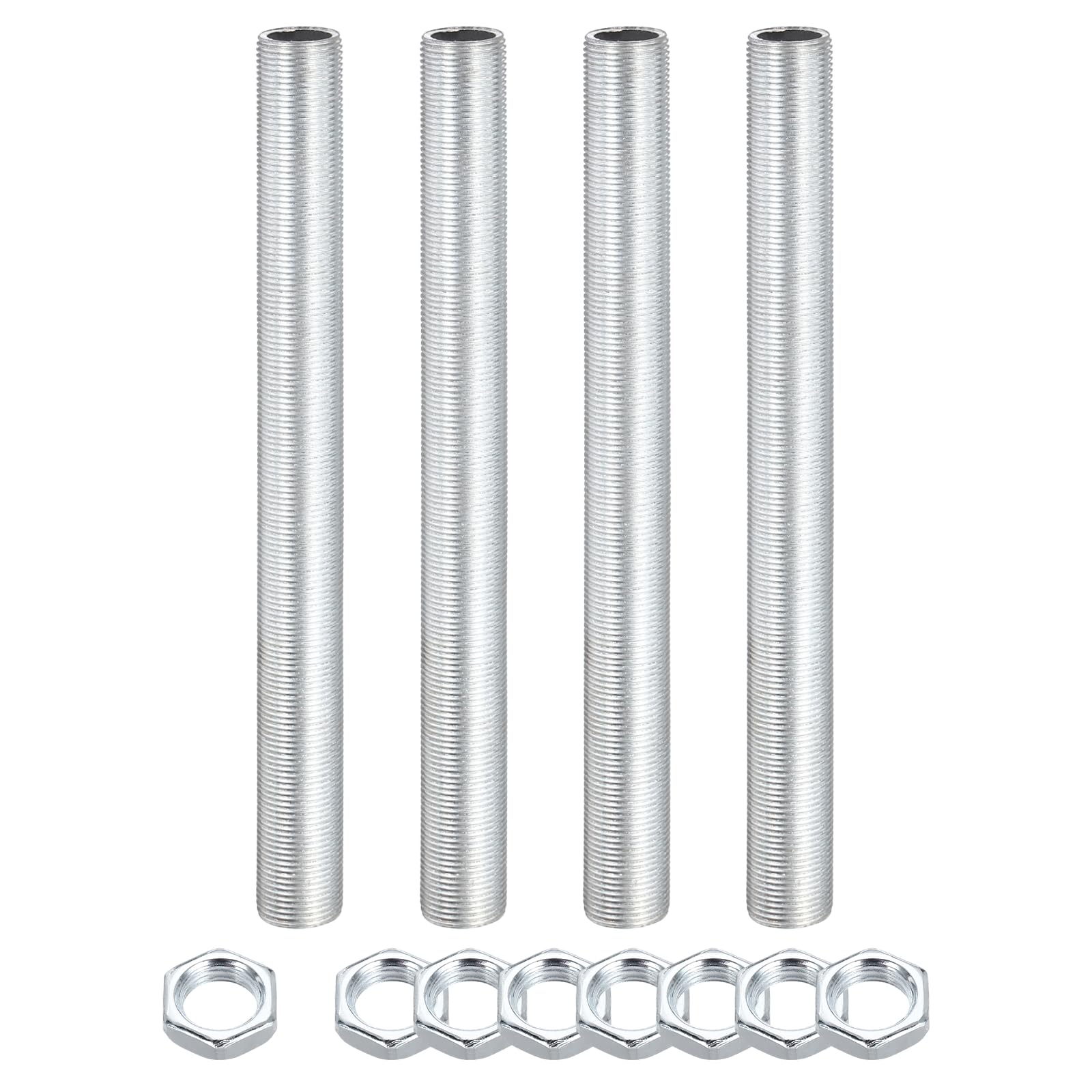 sourcing map 4Pcs 150mm Lamp Pipe Nipples Kit with Lock Nuts, M14 Fine All Threaded Hollow Tube Lamp Repair Hardware Fasteners for Chandelier Ceiling Lamps Assembly DIY, White Zinc — image 1